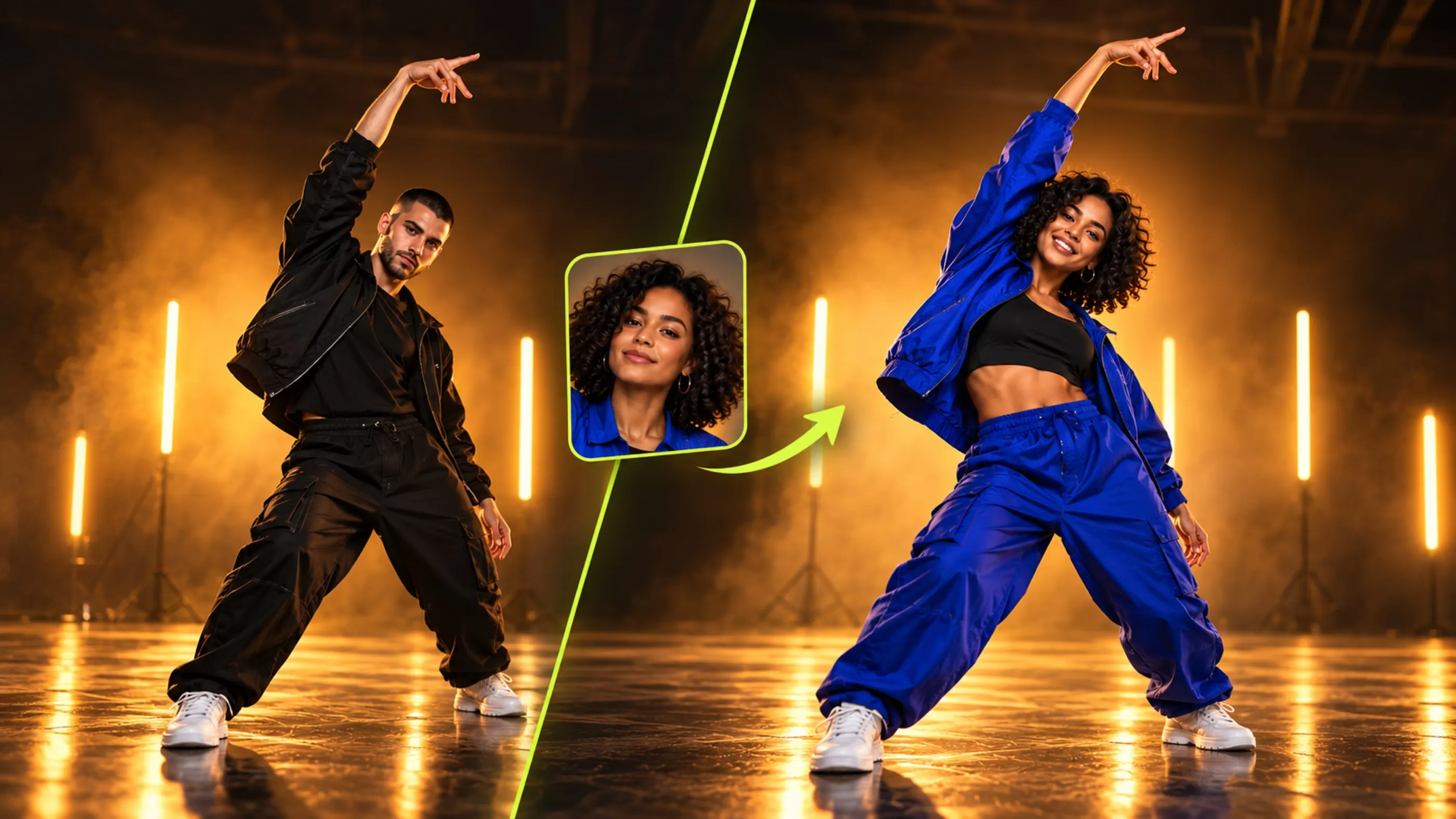 A dancer in a black outfit on the left, a selfie of a young woman in the middle, and the same dance performed by her on the right.