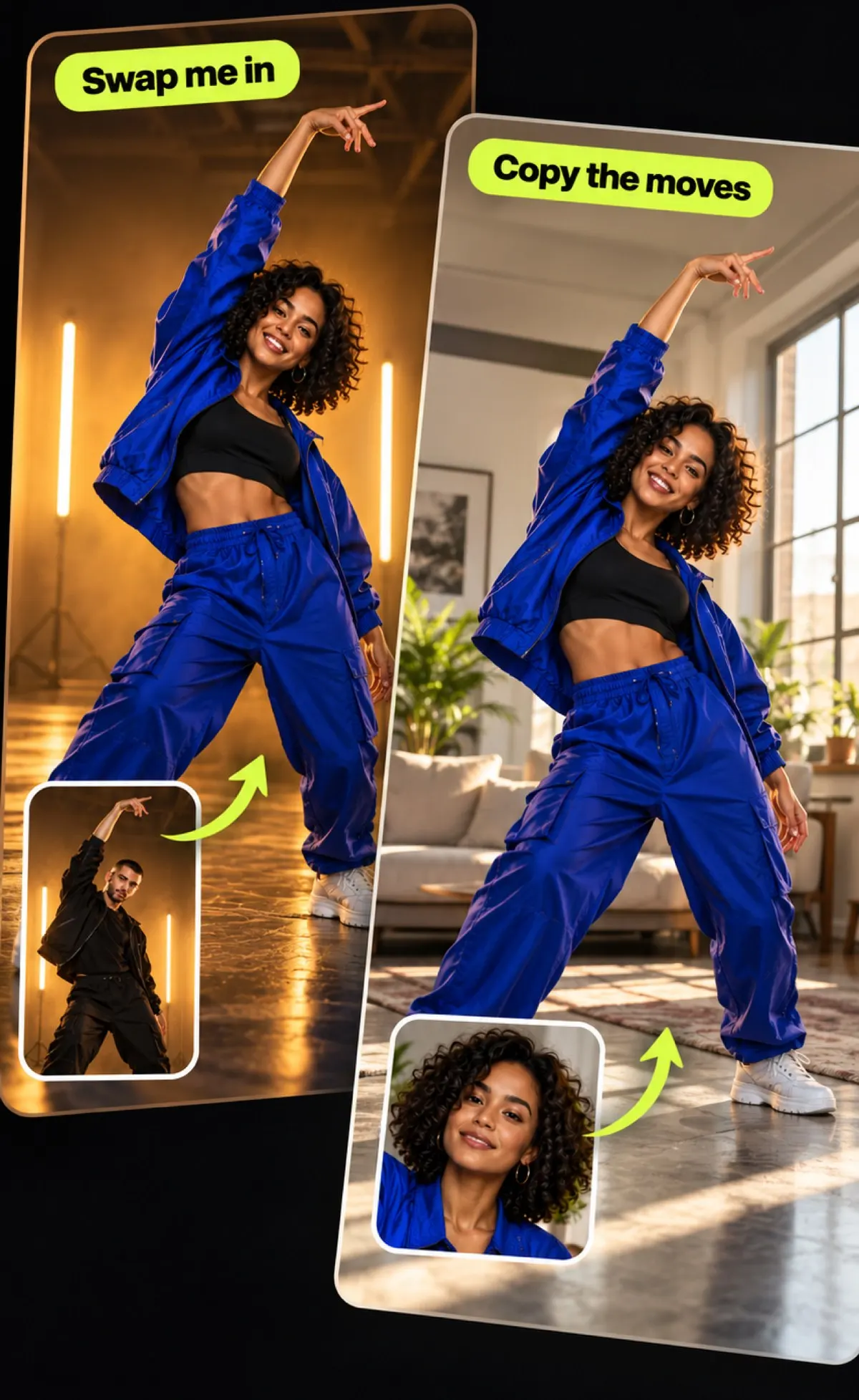 Two versions of the same dance: one in the original studio, one in the dancer's own living room.