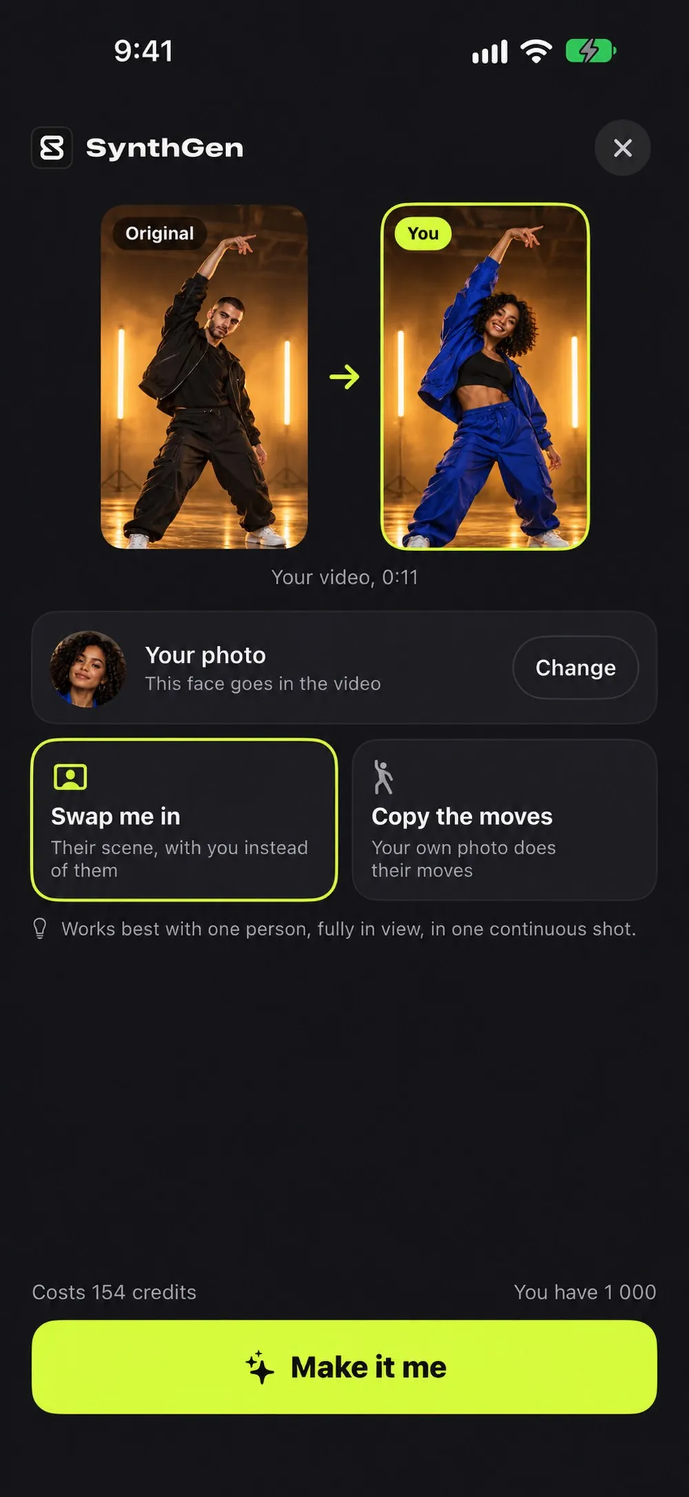 The SynthGen start screen: the original video next to the new one, your photo, and the two modes.